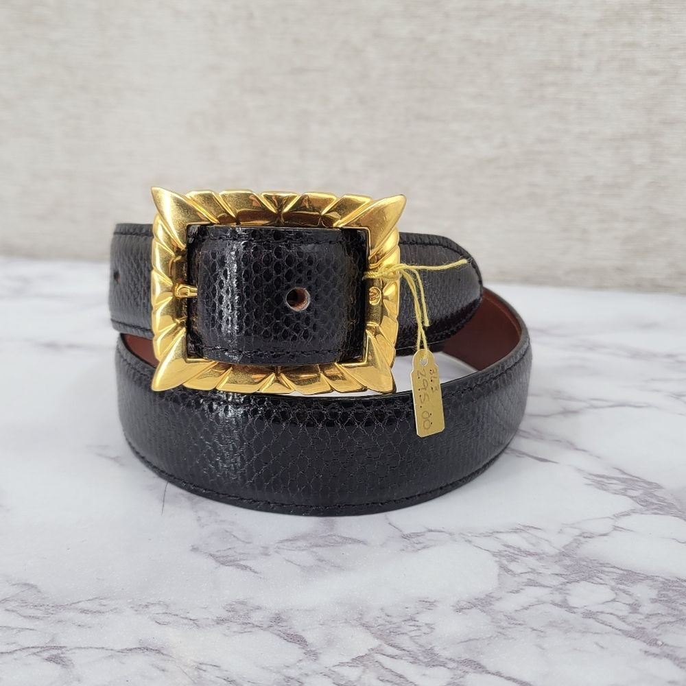 Kleinberg Sherrill Vintage Black Lizard Textured Leather Belt with Gold Buckle